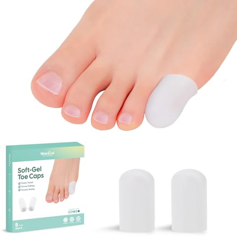 Welnove Pinky Gel Toe Cap and Protector - 8-Pack Silicone Toe Covers - Toe Cushions for Pain Relief, Missing or Ingrown Toenails, Corns, Calluses, Blisters (8S, White)