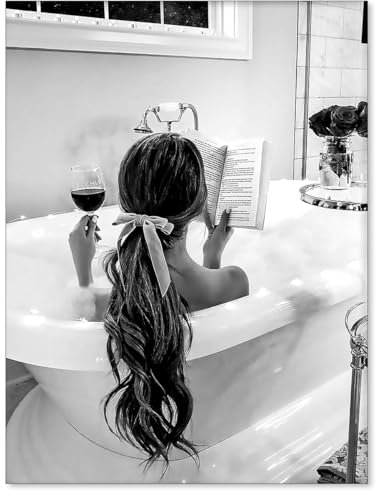 CITXJUM Schwarz-weißes Badezimmer-Wandkunst, flippiges feministisches Poster, Vintage-Fotografie-Poster, Frau trinkt Wein und liest in der Badewanne, Drucke, Bar-Wagen, Dekoration, 20,3 x 25,4 cm,