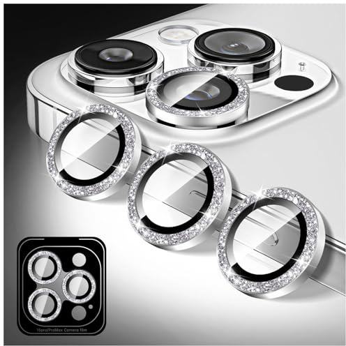 Zeponny Proteggi Obiettivo Fotocamera Compatibile con iPhone 12 Pro Max, Protezione per Obiettivo Della Fotocamera in Vetro Temperato 9H Glitterato, Anelli Metallici Individuali (Argento)