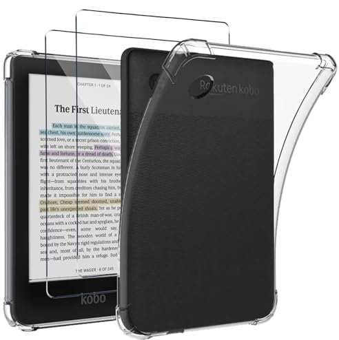 KUSINHOKA Custodia Protettiva per Kobo Clara Colour/Clara BW/Clara 2E (6 Pollici) + [2 Pezzi] Vetro Temperato, [Antiurto] Morbido Silicone Trasparent Custodia, [Anti-Graffio] TPU Protezione Cover