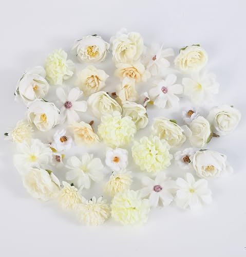 Flouricelline 40 Stück Kunstblumen Köpfe, Mini künstliche Blume groß Seidenblumen Dekoration Set für DIY Basteln Scrapbooking Party Home Handwerk Deko,Tortendeko Hochzeitsdeko(Weiß)