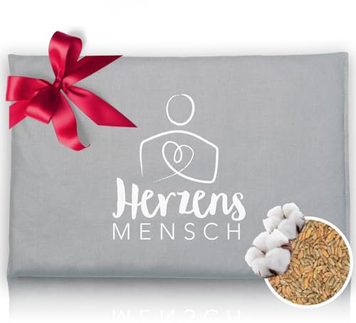 HERBALIND Körnerkissen 30x20 cm 800g Bio-Getreidekissen HERZENSMENSCH - Natürliches Wärmekissen Geschenk Made in Germany aus 100% Baumwoll-Canvas, für Mikrowelle Roggen-Weizen-Füllung, Grey (Grau)