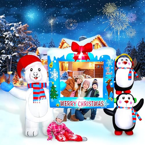 Kalolary 6FT Aufblasbarer Weihnachtsmann Dekorationen, Schneemann und Pinguin mit Blauem Bilderrahmen Aufblasbare Weihnachts Outdoor Innen dekorationen für Rasen partys, Garten, Weihnachtsdekorationen