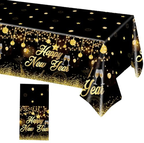 Tischdecke Silvester Deko 2026,Tischdeko Party Decoration,2026 New Year Eve Papiertischdecke Schwarz Gold Tischdecken,Tisch Dekoration Plastik Tischfeuerwerk,für Neues Jahr Frohes Decorations Supplies