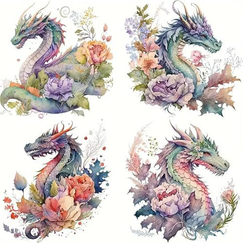 4pcs Flower Leaf Dragon Flower Heat Iron On Transfers for T-Shirts Rub on Transfers Stickers Vinyl Ready to Press Stickers Iron on Decals for T-Shirts Clothing Hoodie DIY Crafts