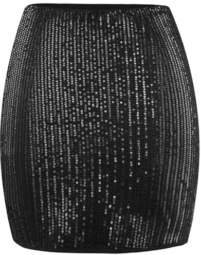 OFFCUP Glitzer Rock Pailletten Rock Pailettenrock Für Damen Kurz Damen Sexy Midi Skirt Bleistiftrock Hüftrock mit Elastische Taille Party Rave Skirt Outfit Wickelrock Röcke für Damen -Schwarz