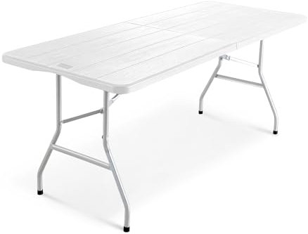 KEPLIN 6ft Folding Table with White Wood Slate Patterned Top, 180x70x74cm – Sturdy Metal Frame, Waterproof, Portable & Easy Assembly – Ideal for Parties, BBQs, Camping (Wood Slate)