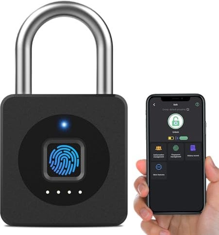 Vorhängeschloss Fingerabdruck, Dhiedas Bluetooth Schloss mit Fingerabdruck und APP, 43MM Vorhängeschloss Klein mit 6MM Dicker Schäkel für Fitnessstudio, Spind, Schule - Schwarz