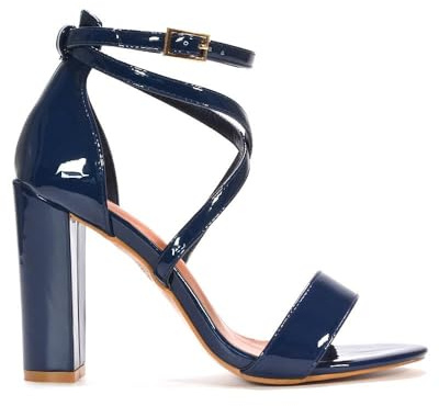 ESSEX GLAM Women's Ankle Strap Block Heel Sandals Ladies Patent Strappy Buckle Prom Party Shoes Size 3-8