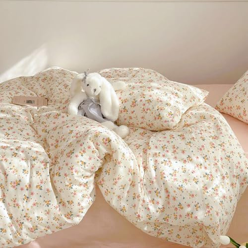 Covebett Bettwäsche 140x200 2 Teilig Beige Kleine Blumen Blätter Pflanzen | Bettbezug Blümchen Blumenmuster Aesthetic Weich Mikrofaser Renforcé Bettwäsche-Sets mit Reißverschluss und Kissenbezug 70x90