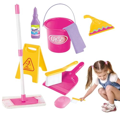 Kinder-Reinigungsspielset, Rollenspiel-Reinigungsspielzeug-Sets, Haushaltsspielzeug aus Kunststoff, inklusive Besen, Kehrschaufel, Mopp, Bürste, Staubwedel, , Lappen und Organisationsständer |
