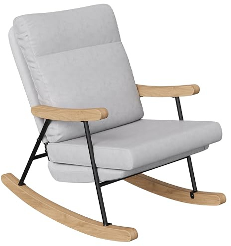 Lazyspace Schaukelstuhl Leinen Grau bis 120 kg, Relaxstuhl Sessel Stuhl Wohnzimmersessel Schaukelsessel Gepolsterter Stillsessel mit Metallgestell und Holzsockel für Wohnzimmer Schlafzimmer