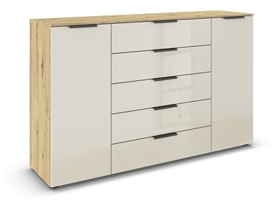 Rauch Möbel Flipp, Kommode, Farbe Glas Beige/Eiche Artisan, Breite 160 cm | Sideboard, 2-türig, 5 Schubladen, Glasfront, Soft-Close-Funktion, für Schlafzimmer, Gästezimmer, Wohnzimmer, Garderobe, Flur