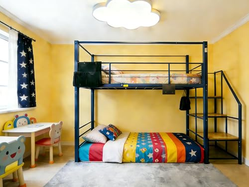 XINBEDEU Twin Over Twin Bunk Bed with Stairs, RGB LED Lights, Hanging Bag,Portable floating power hub,Metal Bed Frame with Safety Guardrails, Anti-toppling Device, No Box Spring Needed (Black,Twin)