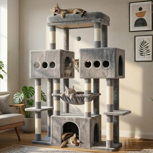 Hey-brother Cat Tree Tower, Large Sisal Scratching Posts with Big Platform, 3 Spacious Condos, Plush Hammock, Toy, 57.5 Inches Multi-Level Furniture for Indoor Adults Maine Coon, Light Gray MPJ083W