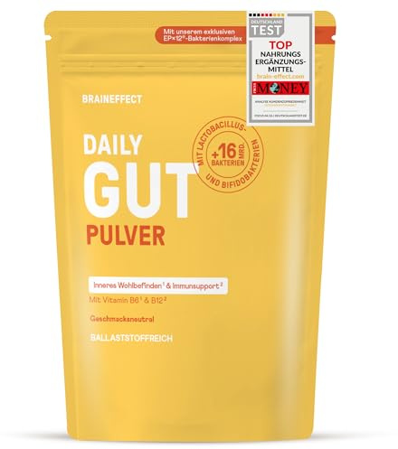 BRAINEFFECT DAILY GUT Neutraler Geschmack – Probiotisches Getränkepulver | mit 16 Mrd. lebenden Bakterien & 7 g Ballaststoffen pro Portion, mit Vitamin B1, B2, B6 & B12 – 240 g