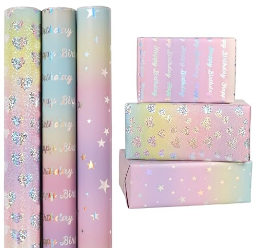 SinHin Birthday Wrapping Paper Roll,3 Rolls - 43cm x 3M Pastel Wrapping Paper Rainbow Recyclable Foil Gift Wrap for Girls Women Mother's Day Easter Baby Shower Party Decoration