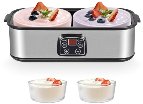 Macchina per yogurt, 2 l, con display a LED e 2 contenitori in vetro da 1000 ml, con temperatura e timer regolabili, per yogurt biologico, formaggio, natto, dessert sani