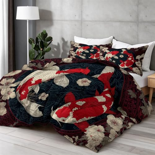 Einfacher Japanischer Fisch Ganzjahresdecke, 4 Jahreszeiten Waschbare Bettdecke Ohne Bezug, Wendbare Tagesdecke aus Mikrofaser, beidseitig verwendbar, 200x200 cm, Weiße Kirschblüten