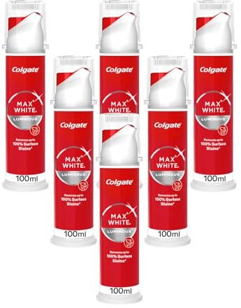 Colgate Max White Luminous Whitening Toothpaste Pump, Removes up to 100% Surface Stains, 100ml, Pack of 6