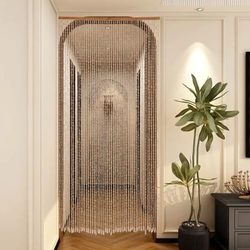 DUOSAMY Perlenvorhang Türvorhang Bambusvorhang Fadenvorhang Hölzern Raumteil Insektenschut Deko Holzperlenvorhang für Balkon- & Terrassentür (Khaki, 90 x 200 cm)