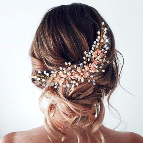 Unicra Haarschmuck Hochzeit Blumen Kopfschmuck Perlen Hochzeit Haarschmuck Braut Kopfbedeckung (Roségold)