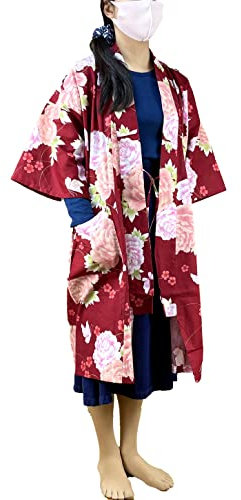 Momoten Damen Yukata Kimono Japanische Traditionelle Kurze Robe Mit Tasche Kleid Baumwolle, Design032-3c, Medium-Large
