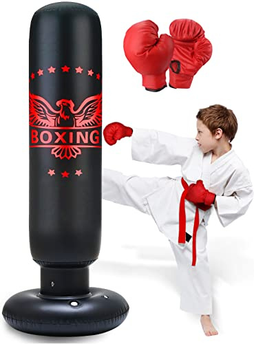 Aufblasbarer Boxsack für Kinder, 160 cm, Bounce Back Boxsack mit Ständer und Handschuhen, ideal für Karate, Taekwondo, MMA (rote Handschuhe)