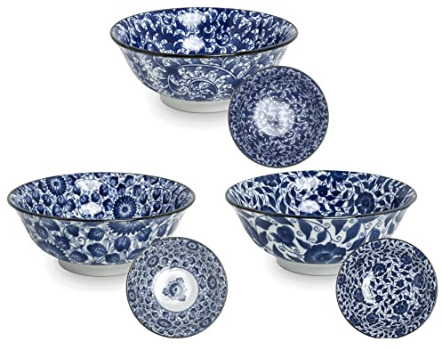 AAF Nommel Reisschalen Schalen Bowl Set für 3 Personen / 21 cm Ø Suppe Pho Sushi Japan Porzellan weiss blau/Marke