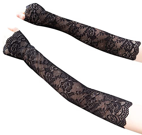 Spitze Fingerlose Handschuhe, Ellenbogen Lang Spitze Blumen Hochzeithandschuhe Sommer Sonnenschutz Handschuhe Hochzeit Party Abend Handschuhe Fahrhandschuhe Armstulpen für Radsport für Damen,Schwarz