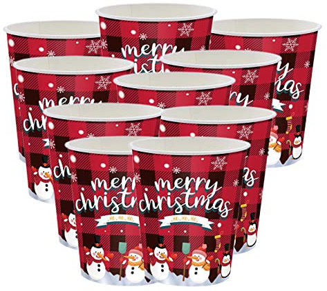 ATBEAMEN 10Pcs Christmas Party Cups Decor, Red Black Plaid Paper Cups Design for Christmas Party,Xmas Trees Partten Paper Cups for Xmas Dinner and Hot Cold Drinks Party for Christmas Disposable Cup