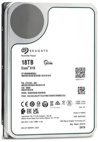 Seagate Exos X18 Enterprise Disque dur 18 To CMR 3,5 Hyperscale SATA 6 Go/s 7200 tr/min 512e 4 Kn Faible latence avec mise en cache améliorée Disque dur Référence ST18000NM000J (Reconditionné)