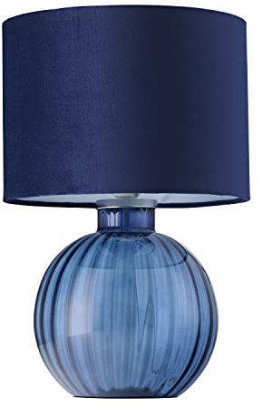 Happy Homewares Contemporary Designer Midnight Blue Ribbed Glass Round Table Lamp with Matching Dark Navy Velvet Drum Shade | 1 x E27 60w Maximum | 42cm Height