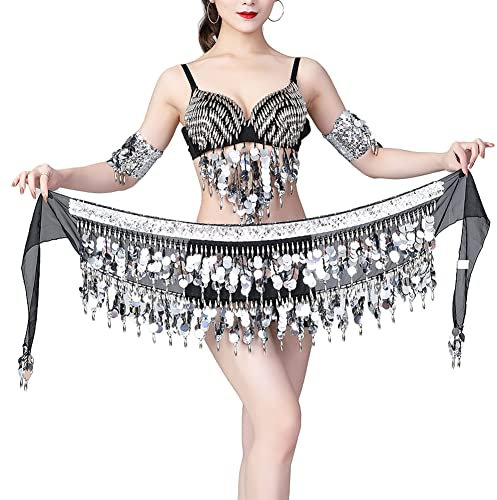 Bauchtanz Münztuch Bauchtanz Münzgürtel Tanztuch Chiffon Hüfttuch Zumba Rock Pailletten Quaste Hüfttuch Outfits Rock Gürtel Festival Kleidung,Schwarzes Silber,Einheitsgröße