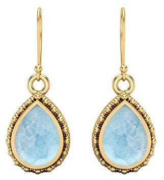 7x5MM Birnenförmiger Larimar Edelstein 925 Sterling Silber Drahthaken Tränentropfen Baumeln Ohrringe für Frauen, Gold Vermeil