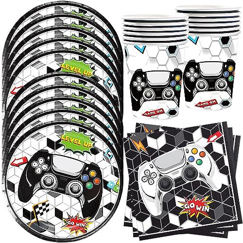YGCHEN Videogiochi Stoviglie per Feste di Compleanno Decorazioni Gioco Stoviglie Set Compleanno Video Game Stoviglie Forniture per Feste per Videogiochi Bicchieri Piatti Carta Tovaglioli 10 Ospiti