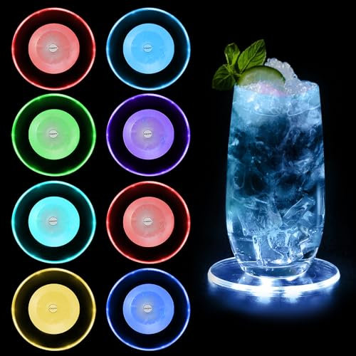 innislink 8er Bunt LED Untersetzer, LED leuchtende untersetzer mit 7 Lichtmodi, acryl Rund wasserdichtes Leuchtuntersetzer, ON/Off Taste Getränke für Gläser Flaschen Partys Hochzeiten Bar Weihnachten