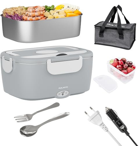 Nulmvic Scaldavivande Elettrico Portatile 75W per Auto Camion e Ufficio 12V/24V/220V - 3 in 1 Lunch Box Elettrico 1,5L Contenitore in Acciaio Inossidabile 304 con Borsa Termica (Grigio)
