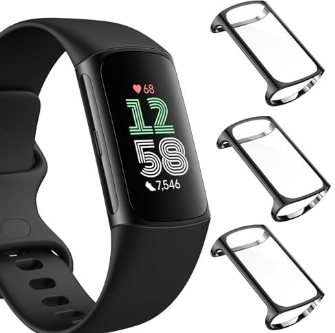 KZIOACSH Case with Screen Protector for Fitbit Charge 6, 3 Pack Full Coverage Ultra Slim Shockproof Cover Soft TPU Lightweight Anti-Scratch Bumper Case with Tempered Glass for Fitbit Charge 6, Black