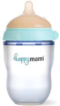 HappyMami - Biberon en Forme de Sein, Biberon 250 ml, Couleur Turquoise, Tétine en Silicone de Qualité Médicale, Double Système Anti-Colique, sans BPA, Lavable au Lave-vaisselle, Chauffe-biberon