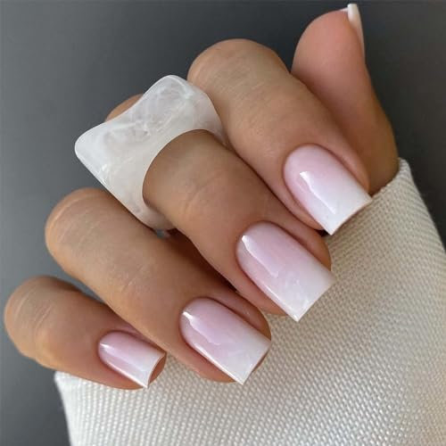 French False Nails - 24Pcs Press on Nails -Gradient White Fake Nails with Glue - Medium Length Glossy Full Cover Glue on Nails - Long Lasting Stick on Nails Gifts for Women