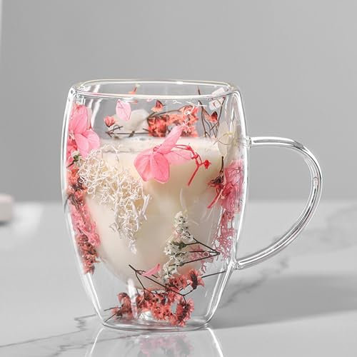 Tasses à café en verre transparent à double paroi, fleurs séchées, tasse en verre à double isolation pour boissons chaudes et froides, cappuccino, latte, café expresso, jus, cadeaux mignons pour maman