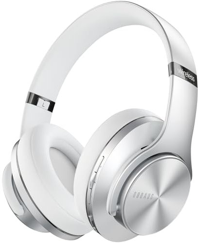 DOQAUS Bluetooth Headphones Over Ear, 90H Playtime, Bluetooth 5.3 Wireless Headphones, 3 EQ Mode, Foldable Hi-Fi Stereo Bass Headphones Wireless, Soft Earpad, Built-in Mic, for Phone PC Travel(Silver)