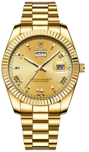 JewelryWe Herrenuhr Edelstahl Leuchtend Uhr: 30m Wasserdicht Woche Datum Kalender Analog Quarz Armbanduhr Herren Gold Edelstahlarmband Uhr mit Leuchtzeiger & Gold römischen Ziffern Zifferblatt