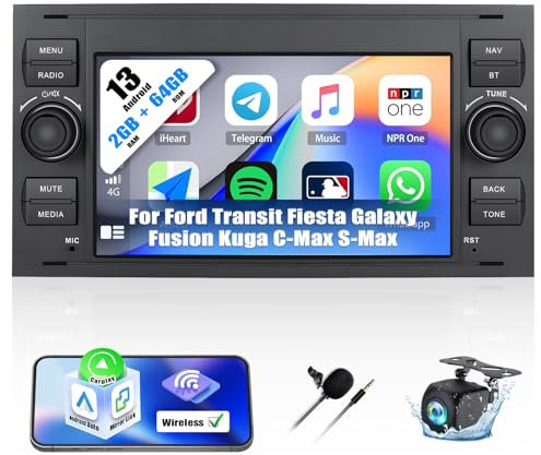 【2+64GB】 7'' Touchscreen Autoradio für Ford Focus/C-Max/S-Max/Galaxy/Fusion/Transit Connect mit Carplay & Android Auto, Android 13 Radio mit Bluetooth WiFi GPS FM/RDS 36EQ SWC+Rückfahrkamera&Mic