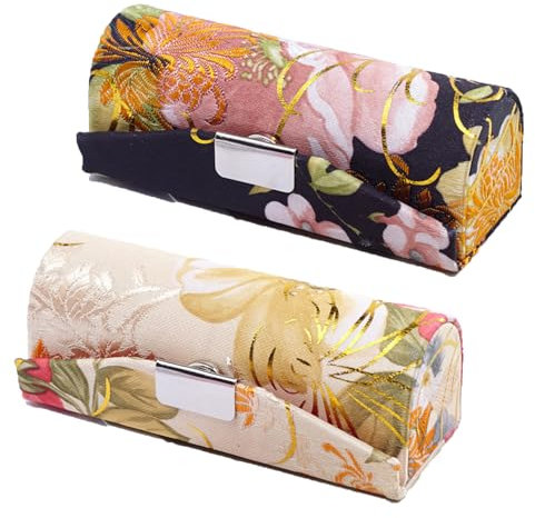 YiJPXinADZ Paquete de 2 estuches organizadores de pintalabios de satén tejido con espejo, caja de almacenamiento de cosméticos floral retro, soporte clásico para pintalabios para mujeres y niñas (2
