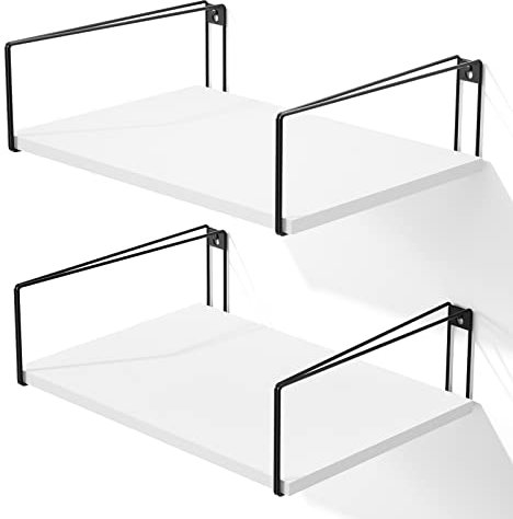 SRIWATANA Wandregal Breite Weiß Holz und Metall 2er Set, Regal Wand 42x31x12 cm Wandboard Moderne Dekoration Hängeregal für KücheWohnzimmer, Badzimmer, Schlafzimmer, Büro