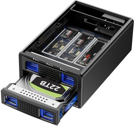 Hybrid 3.5 HDD+3*M.2 NVMe Enclosure with Cooling Fan for 2.5/3.5 SATA HDD/SSD, USB3.2 Gen2 10Gbps Hard Drive Enclosure Support 2230/42/60/80/110 SSD with 46TB Capacity(22TB HDD+3*8TB M.2 SSD)