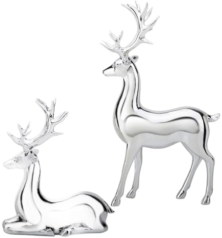 SMELEYOU Weihnachts Rentier Silberfiguren Set mit 2 stehenden und sitzenden Hirsch Weihnachtsdekorationen für Zuhause und Innenbereich