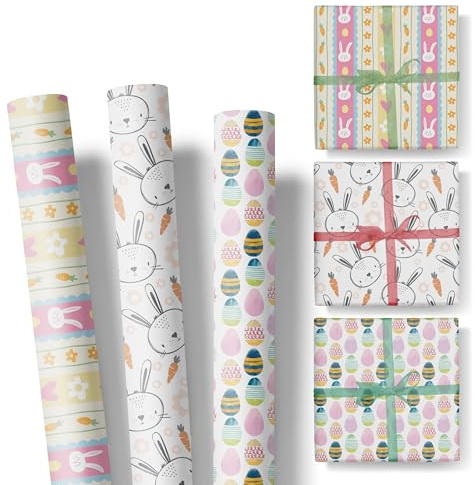 Geschenkpapier Ostern im Set – 3 Rollen: 3m lang, 47cm breit – edel und hochwertig – Osterpapier für Erwachsene und Kinder – (Set 1)